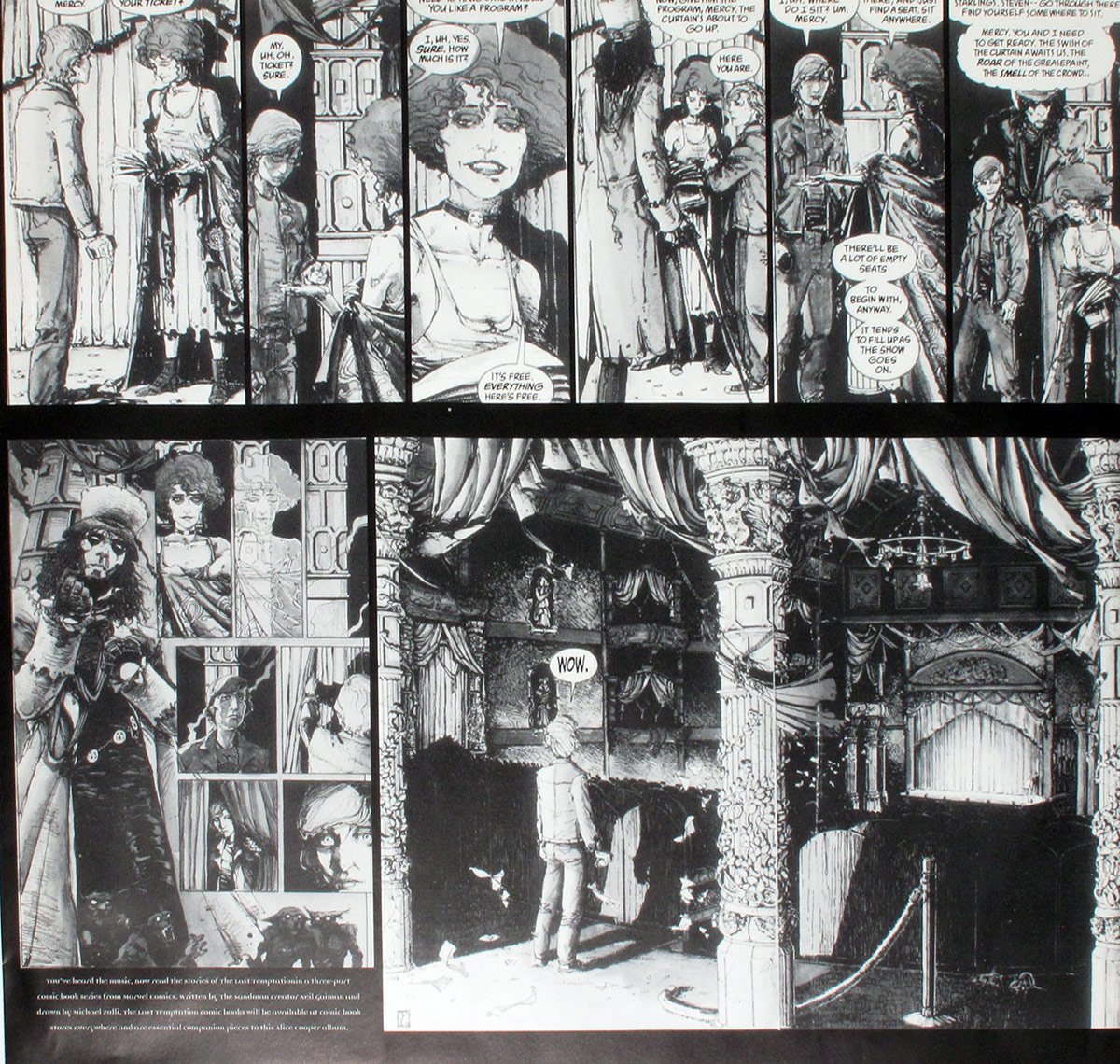 Black and white illustrated comic from Alice Cooper's The Last Temptation inner sleeve. Features gothic stage scenes, a mysterious woman, and theatrical atmosphere.