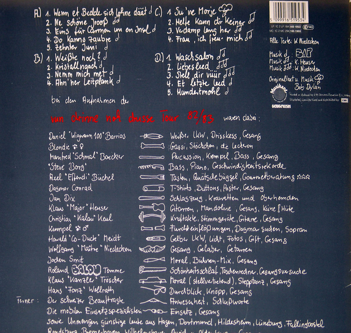 Back cover of BAP's live album 'Bess demnähx' featuring handwritten tracklist, musician credits, tour info and symbolic illustrations from the 'Vun drinne noh drusse' tour 82/83 in white and red ink on a dark blue background.