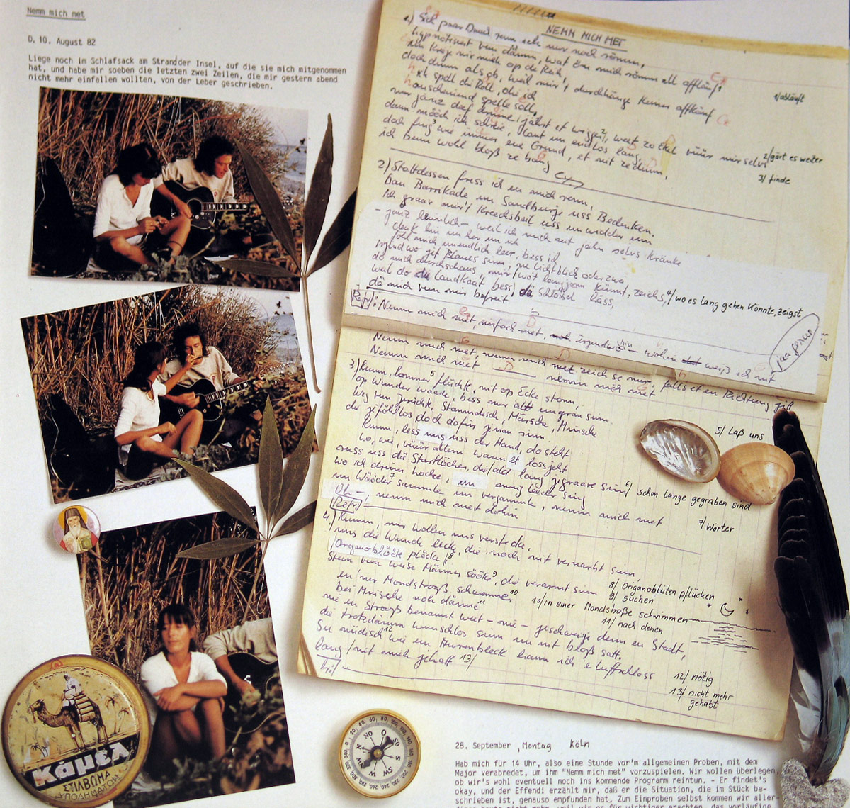 Gatefold photo from BAP's 'Bess demnähx' album showing handwritten lyrics, a notebook, seashells, personal mementos, and photographs of a woman and man playing guitar outdoors near reeds.