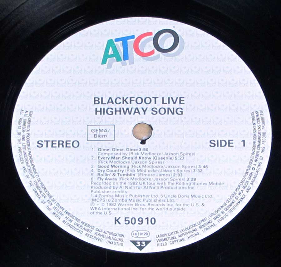 Close up of record's label BLACKFOOT - Highway Song Live Side One