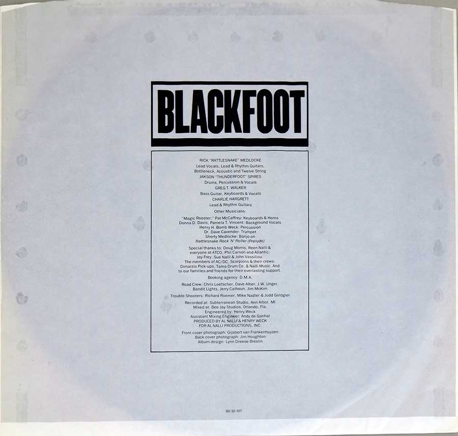 Photo One Of The Original Custom Inner Sleeve BLACKFOOT - Marauder Southern Rock 