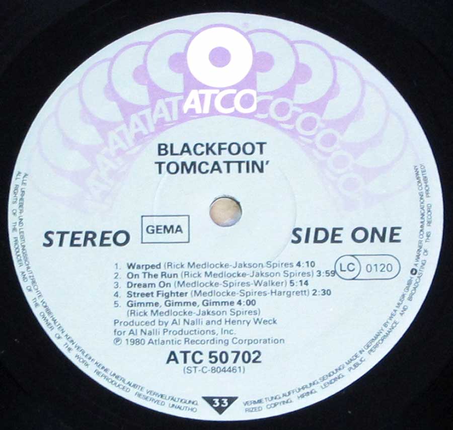 Close up of record's label BLACKFOOT - Tomcattin'  Side One