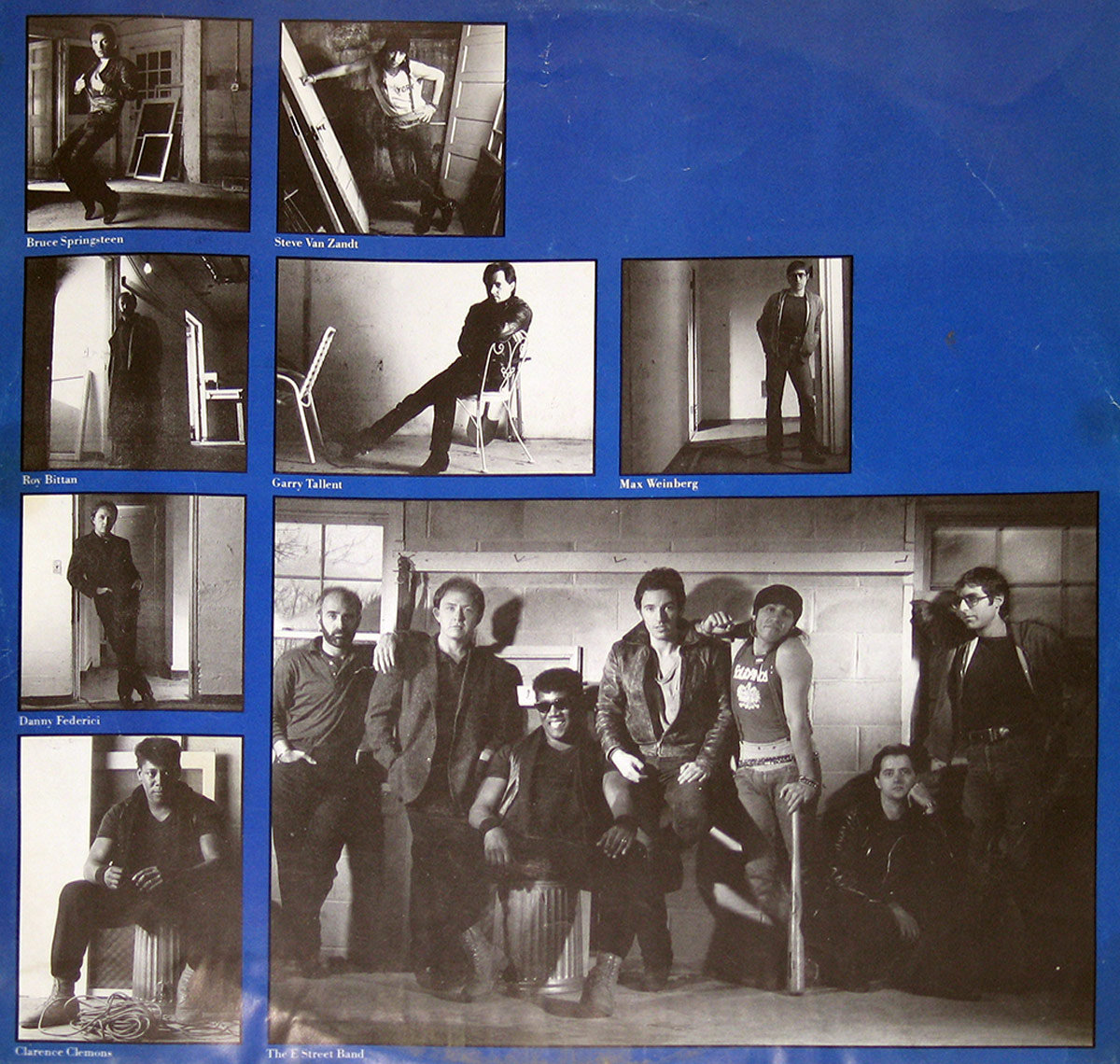 Collage of black-and-white photos on the sleeve of Born in the U.S.A. by Bruce Springsteen. Features individual portraits of Bruce Springsteen and E Street Band members, including Steve Van Zandt, Roy Bittan, Garry Tallent, Max Weinberg, Danny Federici, and Clarence Clemons, along with a group photo of the band. Set against a blue background