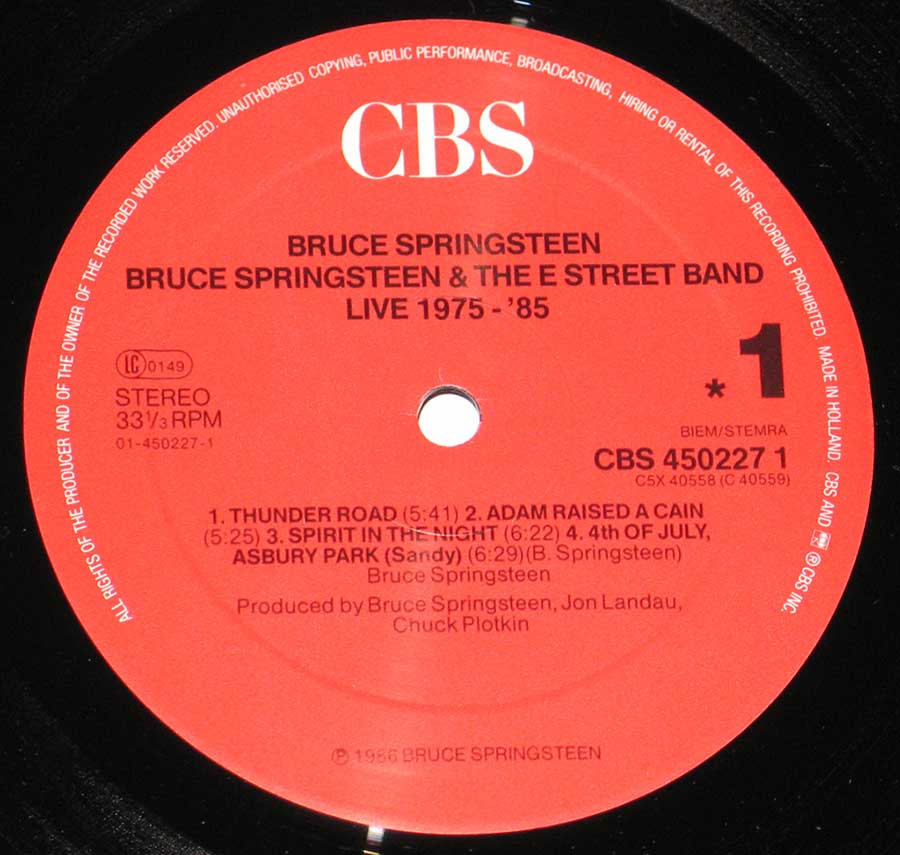 "LIVE 1975-1985 5LP" Record Label Details: Red Colour CBS 450227 1 