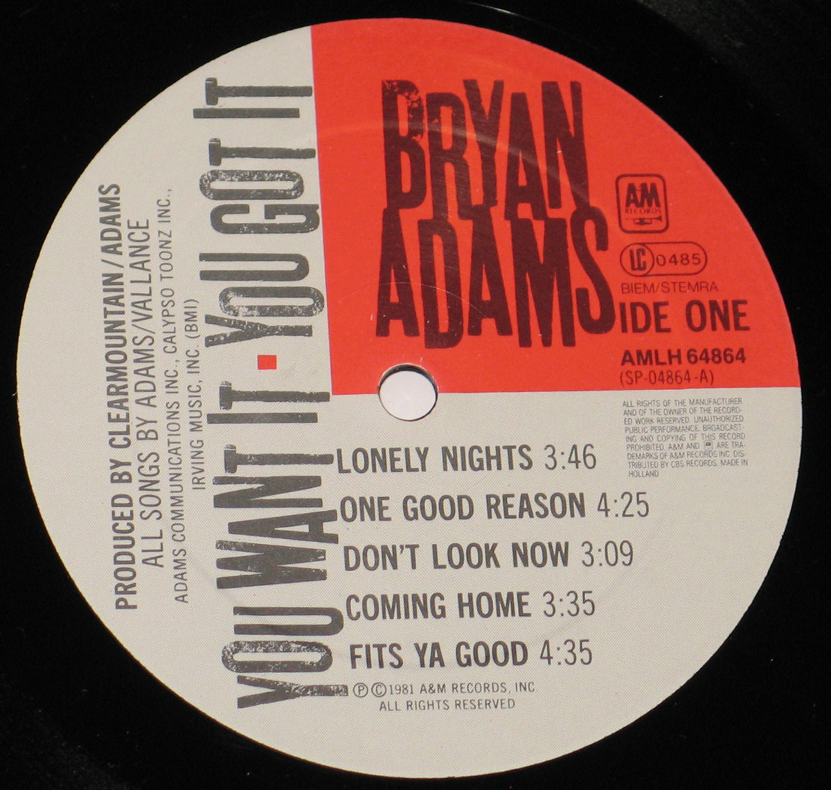 Label of Side One of Bryan Adams' 1981 LP 'You Want It You Got It' showing tracklist, catalog number AMLH 64864, and production credits.