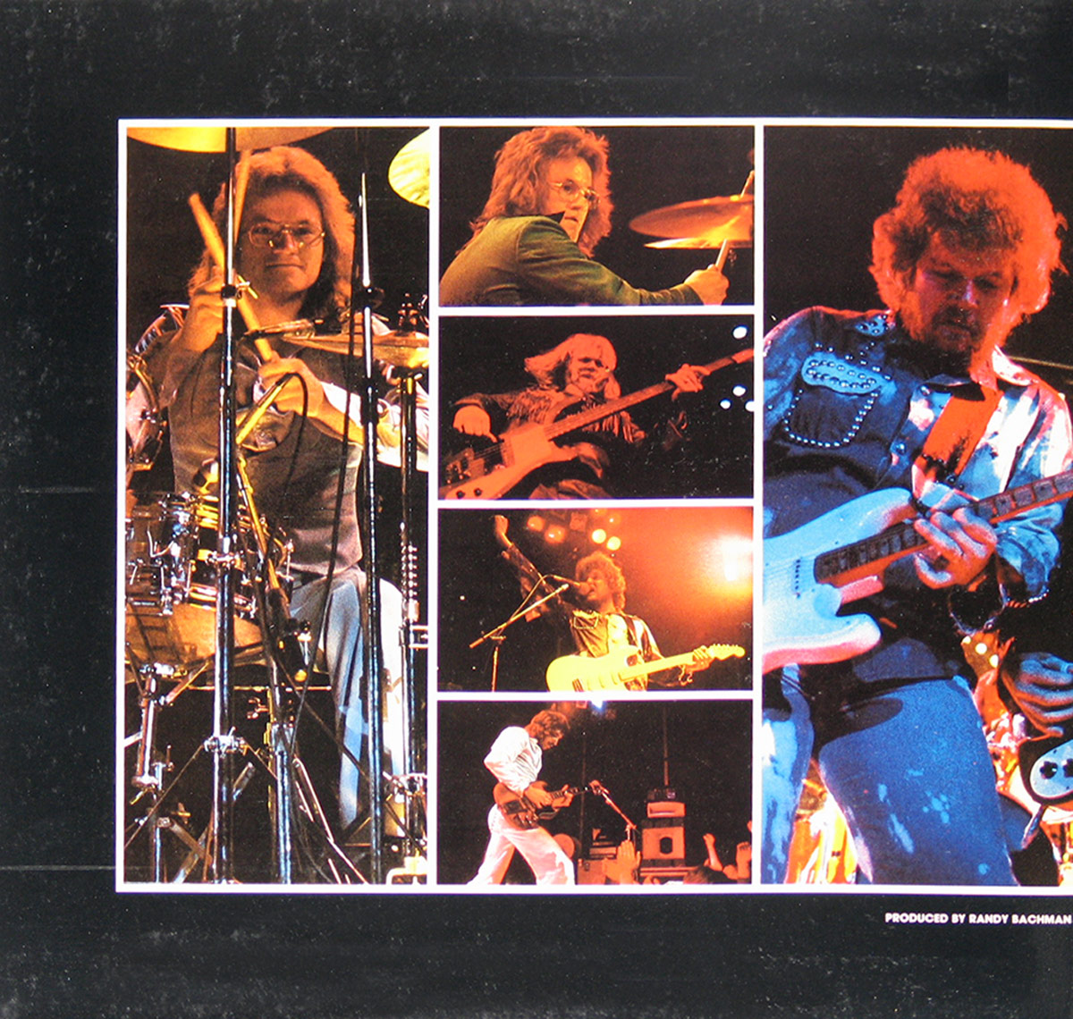 BTO gatefold collage: band members playing drums, guitar, and bass live on stage in colorful lighting