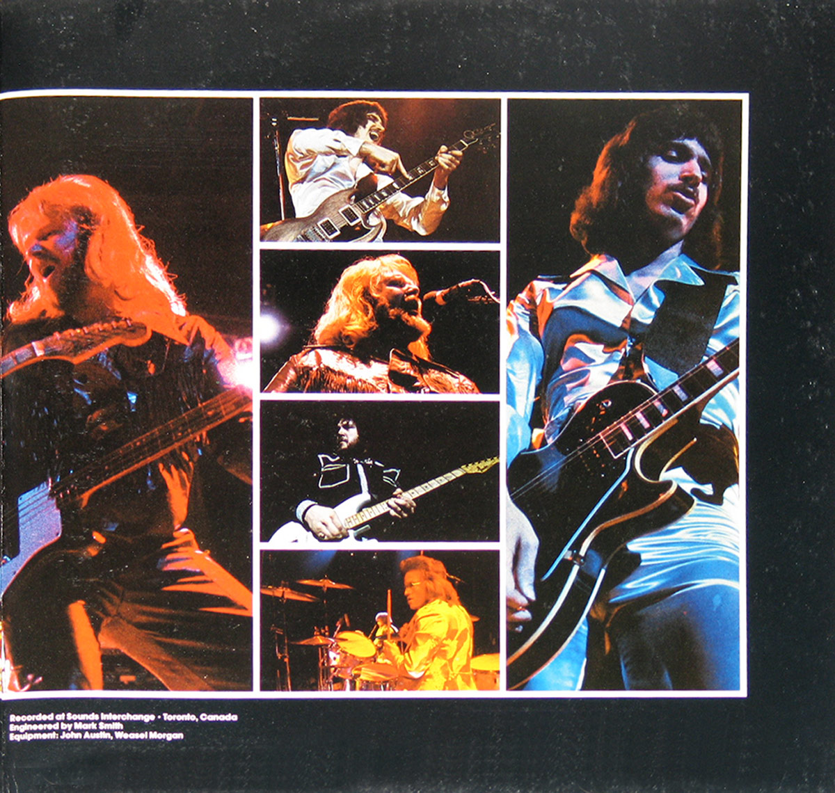 Collage of BTO band members performing live, wearing shiny stage outfits, playing guitar, bass, and drums under colored lights