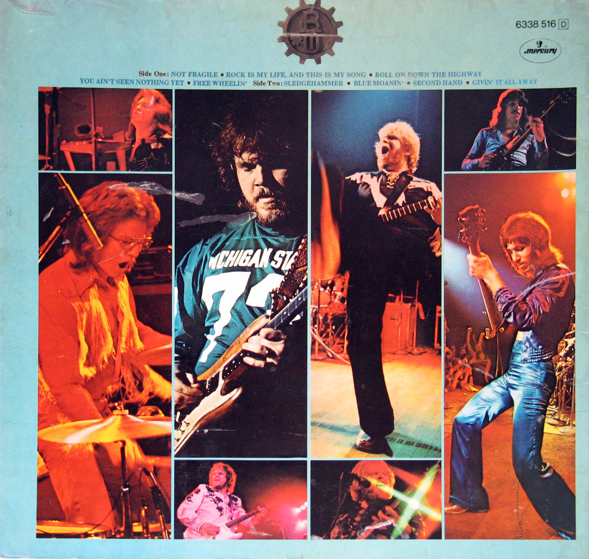 Back cover of BTO Not Fragile German LP showing live concert photos of band members in action arranged in collage format with tracklist and Mercury logo above