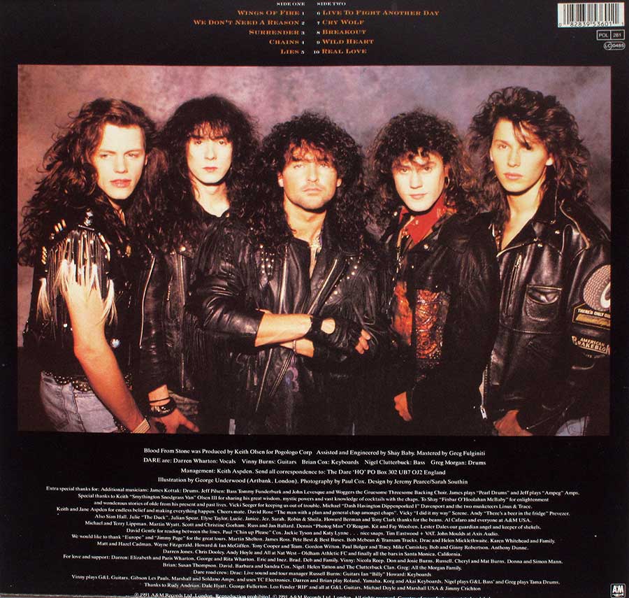 Photo of album back cover DARE - Blood From Stone 12" LP Vinyl Album