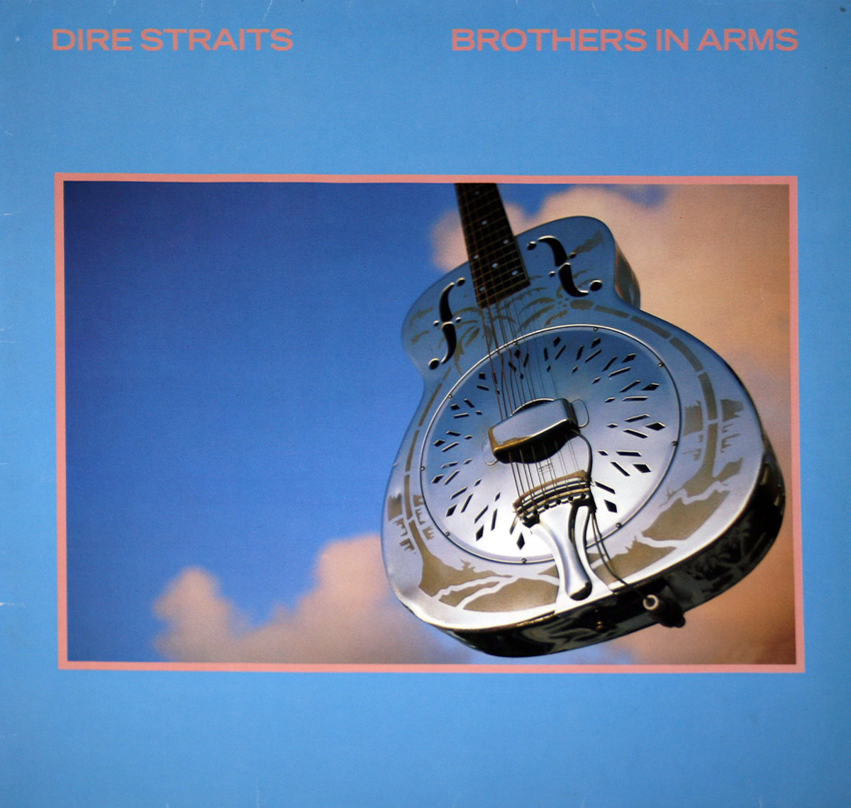 Album cover of Dire Straits' Brothers in Arms: a shiny silver resonator guitar floating against a bright blue sky with soft clouds, framed by a thin pink border.