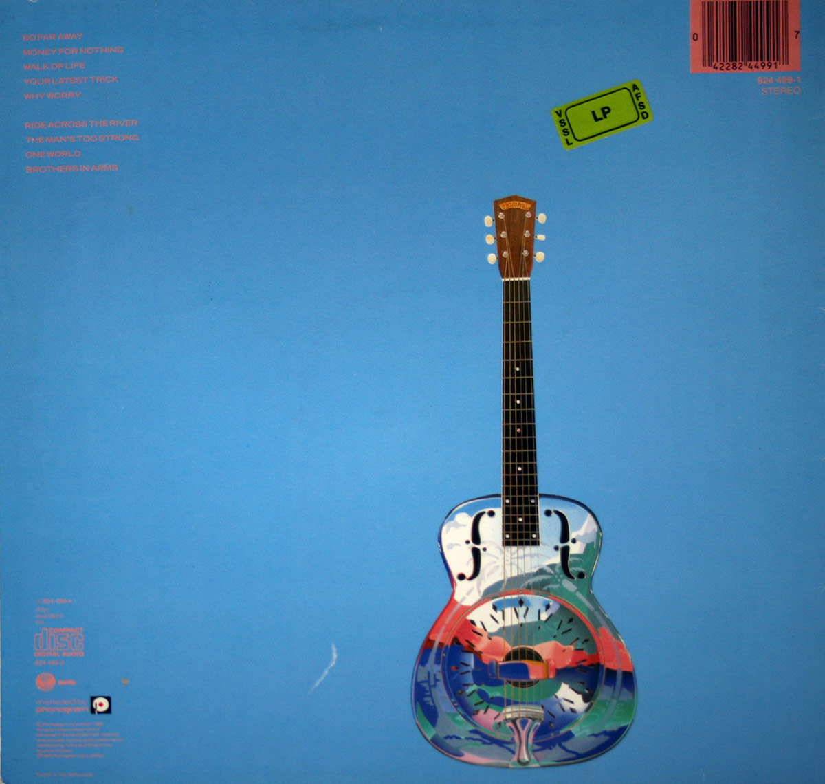 Back cover of Dire Straits' Brothers in Arms album: a resonator guitar with colorful reflections stands upright on a flat blue background, with tracklist and barcode.