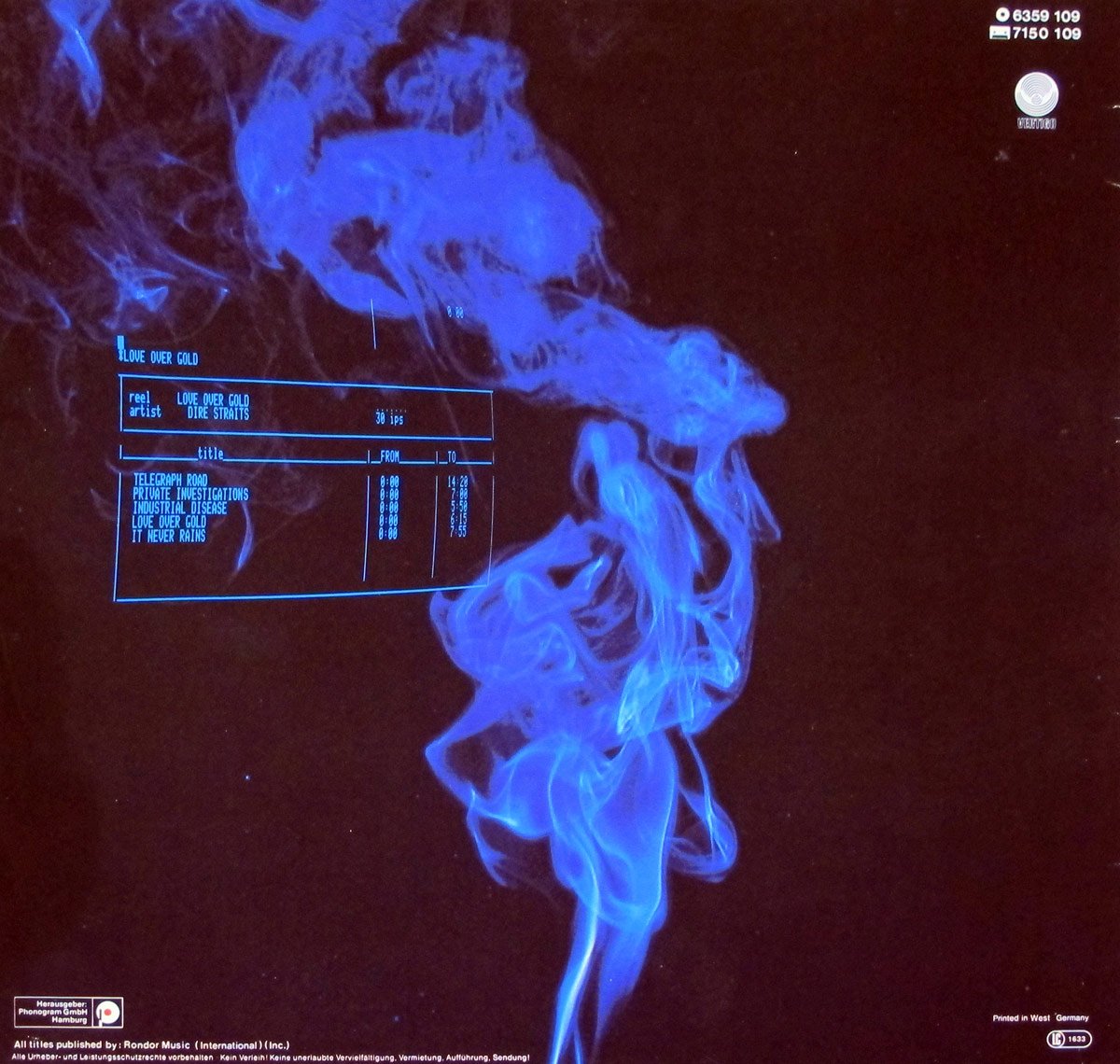 DIRE STRAITS - Love Over Gold Digital Recording 12" Vinyl LP Album
 album back cover