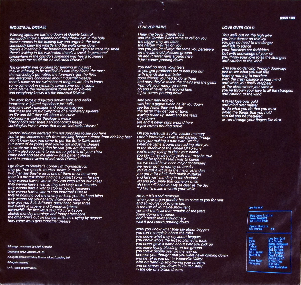 DIRE STRAITS - Love Over Gold Digital Recording 12" Vinyl LP Album
 custom inner sleeve