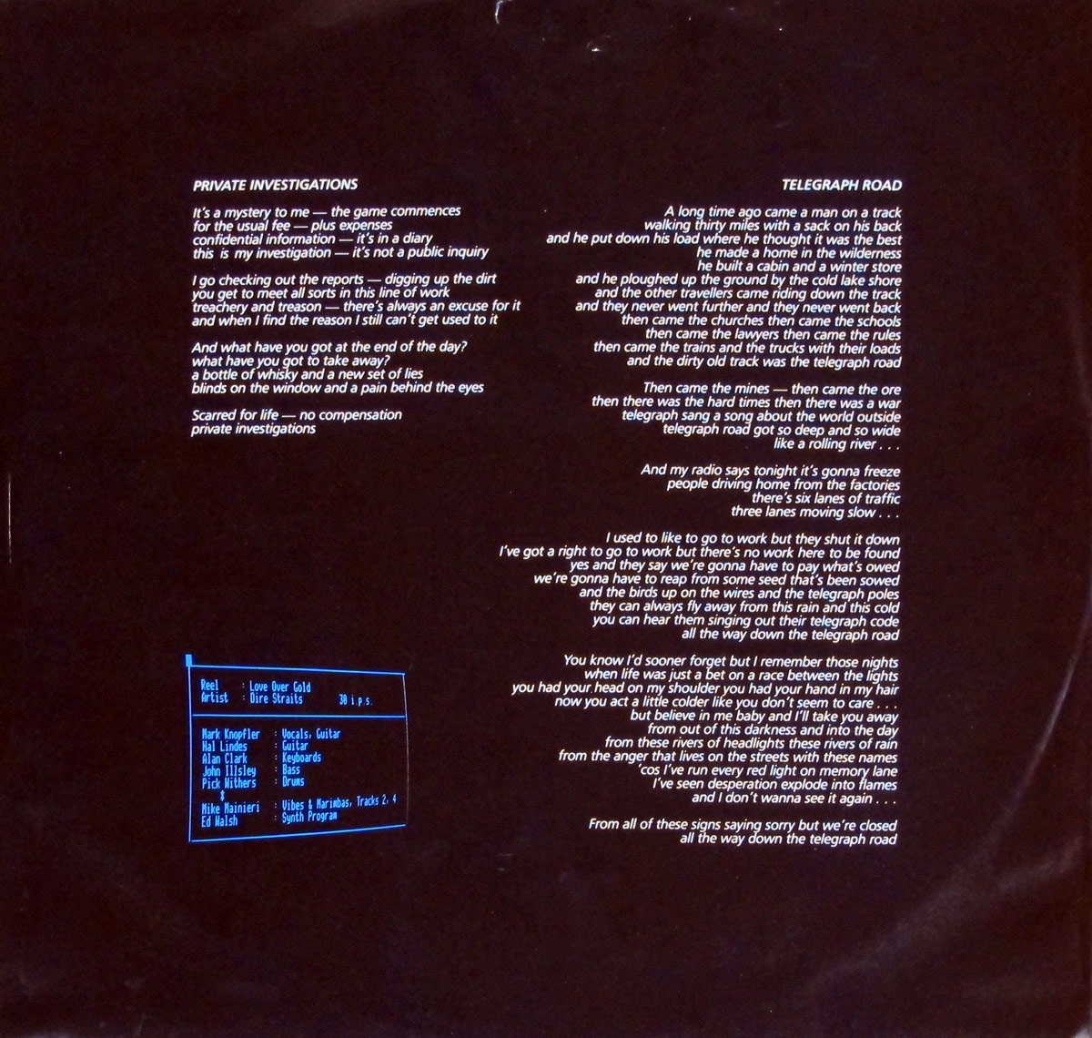 DIRE STRAITS - Love Over Gold Digital Recording 12" Vinyl LP Album
 custom inner sleeve