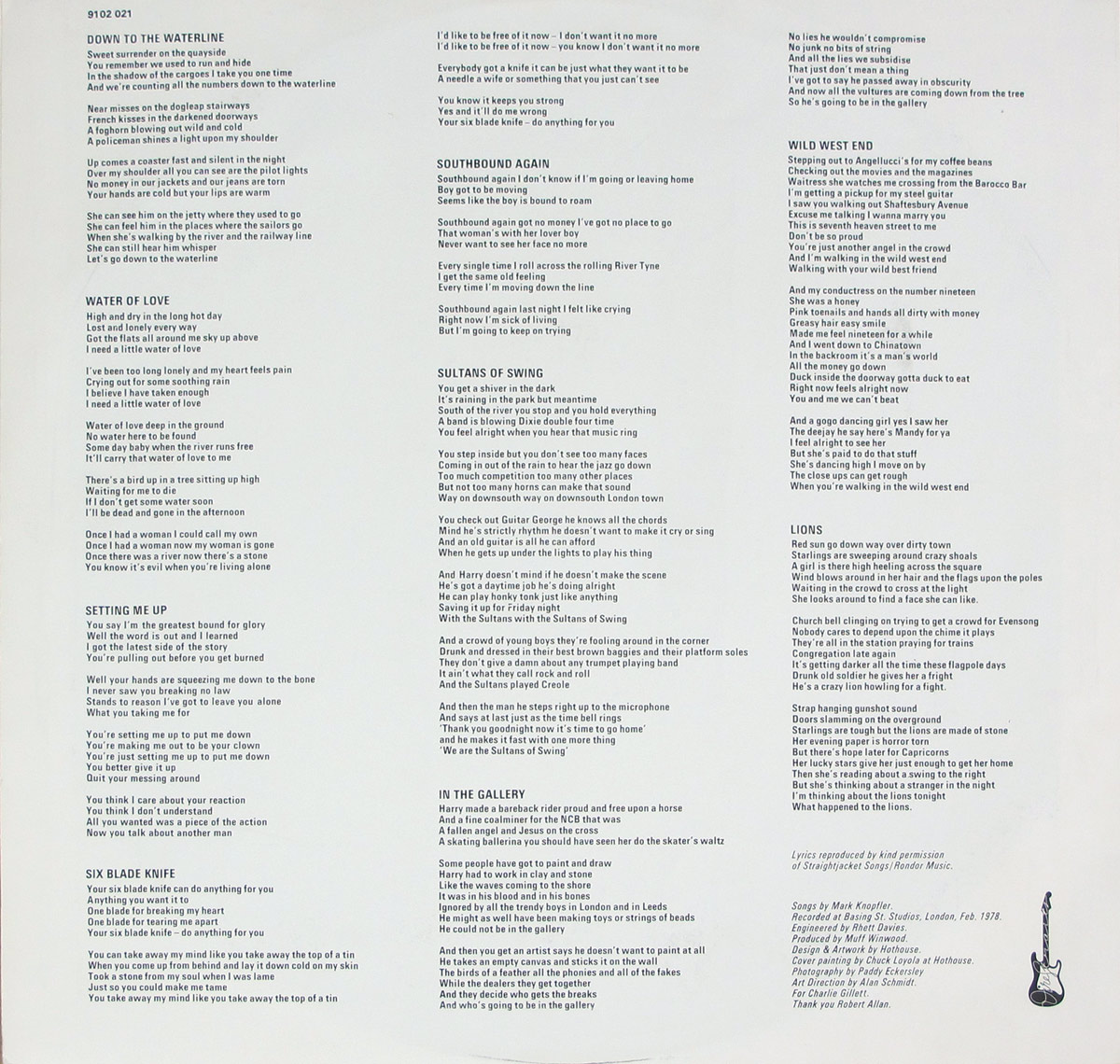 Inner sleeve lyric sheet from the DIRE STRAITS – Self-Titled France Black Vertigo 2nd Pressing. The sheet is printed on clean white stock and filled edge-to-edge with the complete lyrics of all nine album tracks, including 'Down to the Waterline', 'Water of Love', 'Setting Me Up', 'Six Blade Knife', 'Southbound Again', 'Sultans of Swing', 'In the Gallery', 'Wild West End', and 'Lions'. The text is arranged in four dense columns of crisp black type, evenly spaced with generous margins. At the bottom right is a small hand-drawn guitar illustration, echoing the band’s early visual identity. Production credits appear beneath the final column, referencing Basing Street Studios, engineer Rhett Davies, and the Hothouse design team.