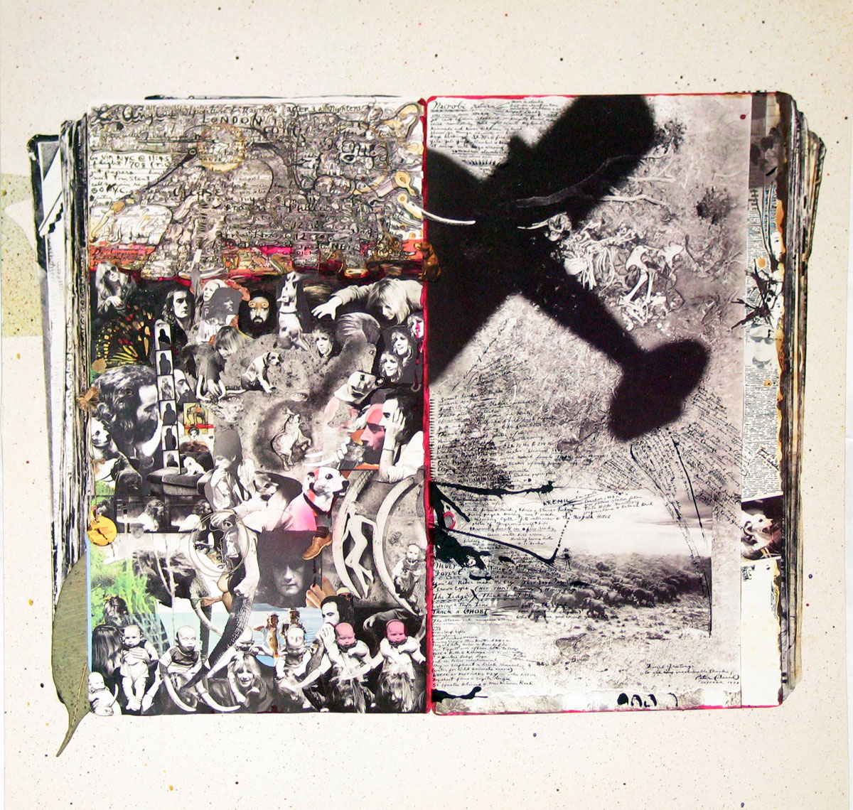 Fleetwood Mac's Tusk album back cover featuring an intricate collage with surreal imagery, a chaotic mix of faces, animals, handwritten text, and a striking shadow of an airplane across a desolate landscape.