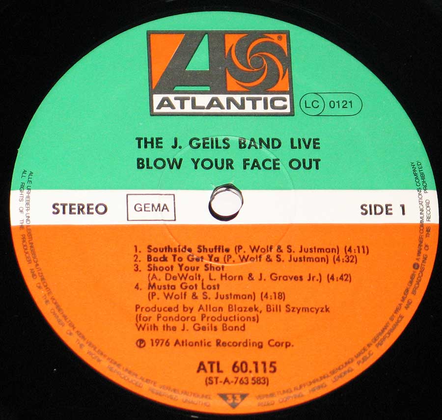 Close up of record's label J. Geils Band - Blow Your Face Out, Live Side One