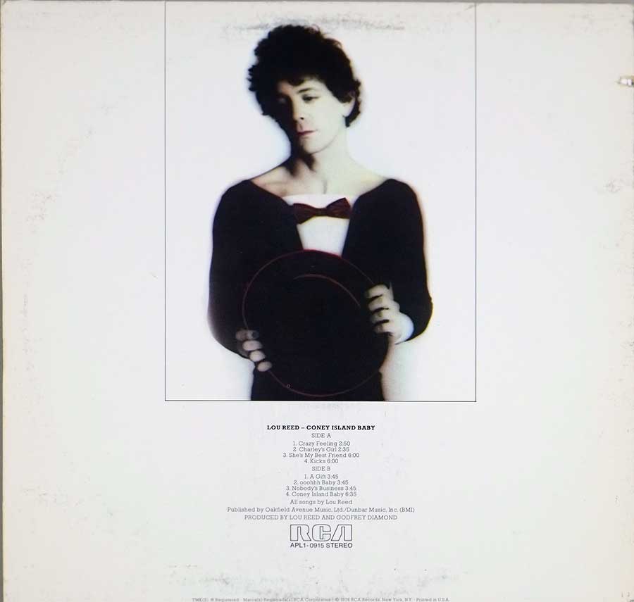 LOU REED - Coney Island Baby RCA USA Release 12" LP Vinyl Album back cover