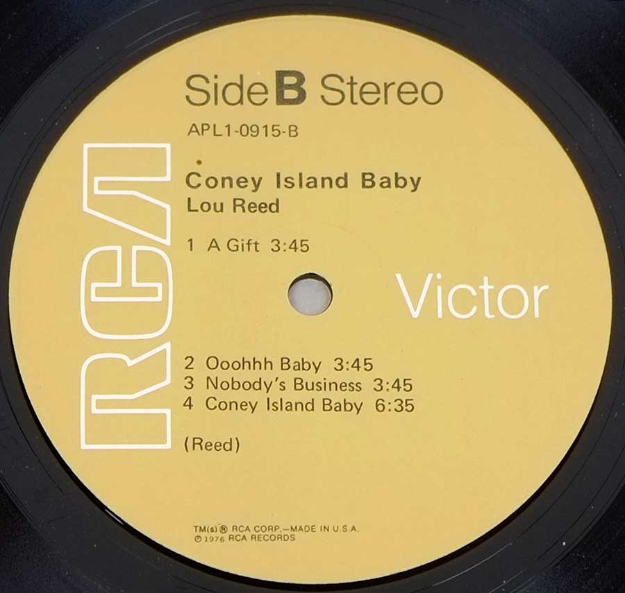 Side Two Close up of record's label LOU REED - Coney Island Baby RCA USA Release 12" LP Vinyl Album