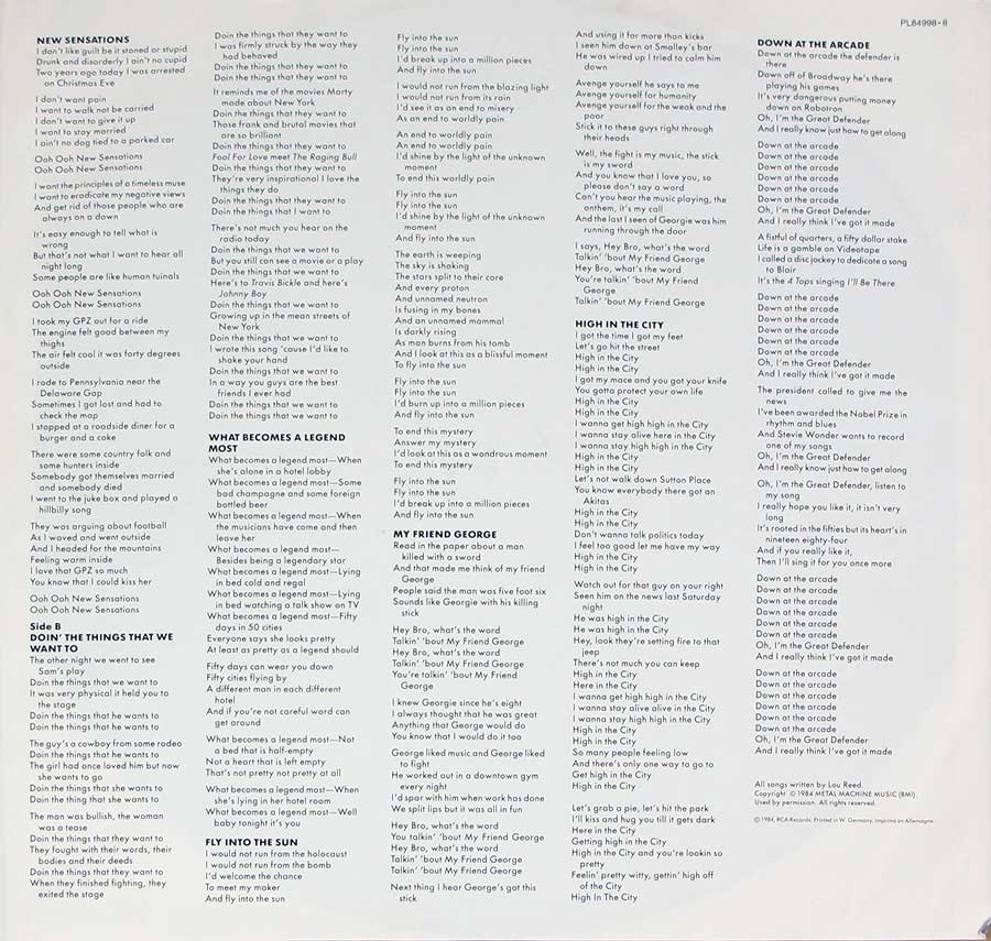 Photo Two of the original custom inner sleeve  LOU REED - New Sensations 12" Vinyl LP Album