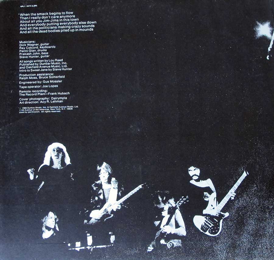 LOU REED - Rock N Roll Animal Gatefold 12" LP Vinyl Album inner gatefold cover