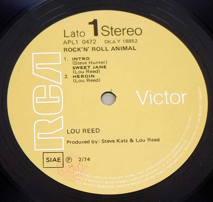"Rock 'N' Roll Animal" Record Label Details: RCA VICTOR APL10472 DKAY 18852 