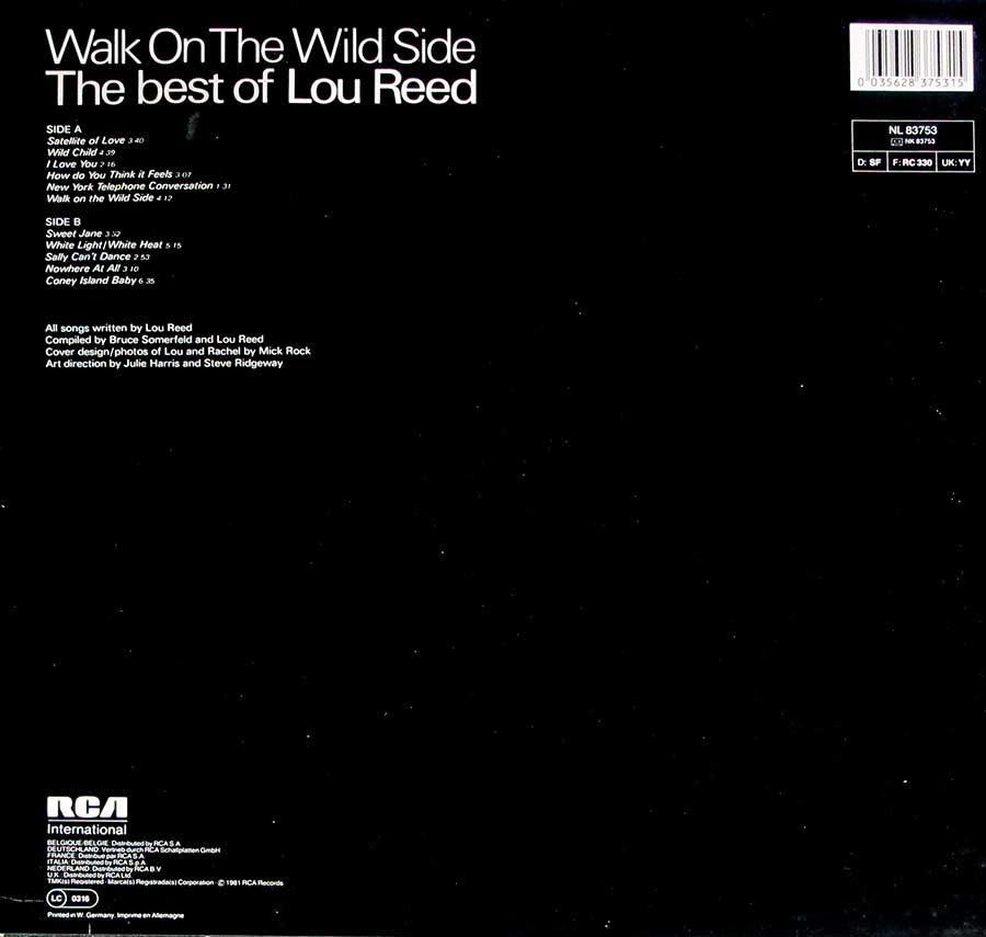 LOU REED - Walk On The Wild Side The Best Of Lou Reed 12" LP Vinyl Album
 back cover