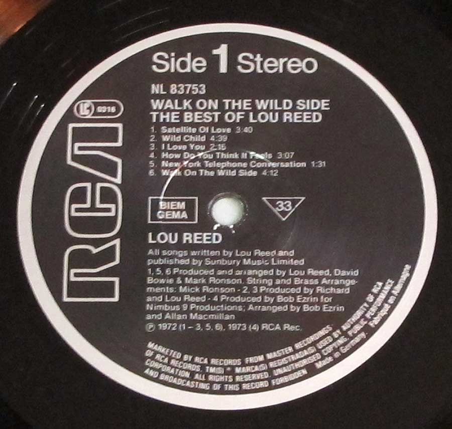 "Walk On The Wild Side The Best Of Lou Reed" Black Colour RCA Record Label Details: RCA NL87353 