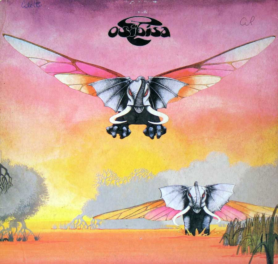Cover of Osibisa's self-titled album featuring two winged elephants soaring over a vibrant sunset landscape with lush vegetation. Artwork by Roger Dean https://vinyl-records.nl