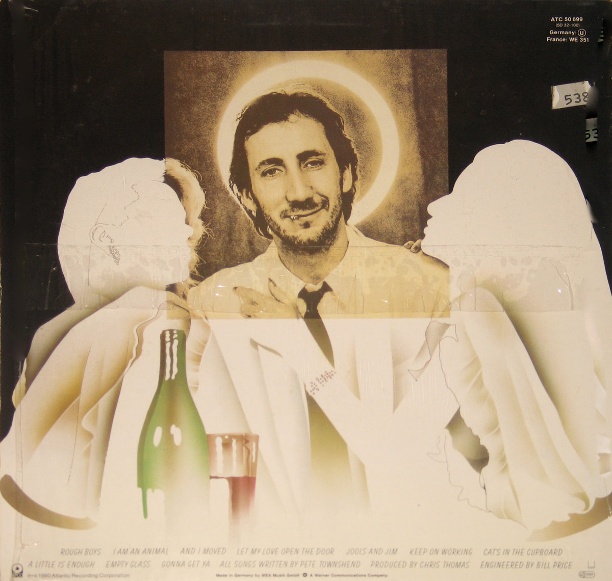 Pete Townshend Empty Glass back cover featuring sepia photo with Townshend smiling and haloed, flanked by two ghostly white silhouettes of women, wine bottle and glass at front.