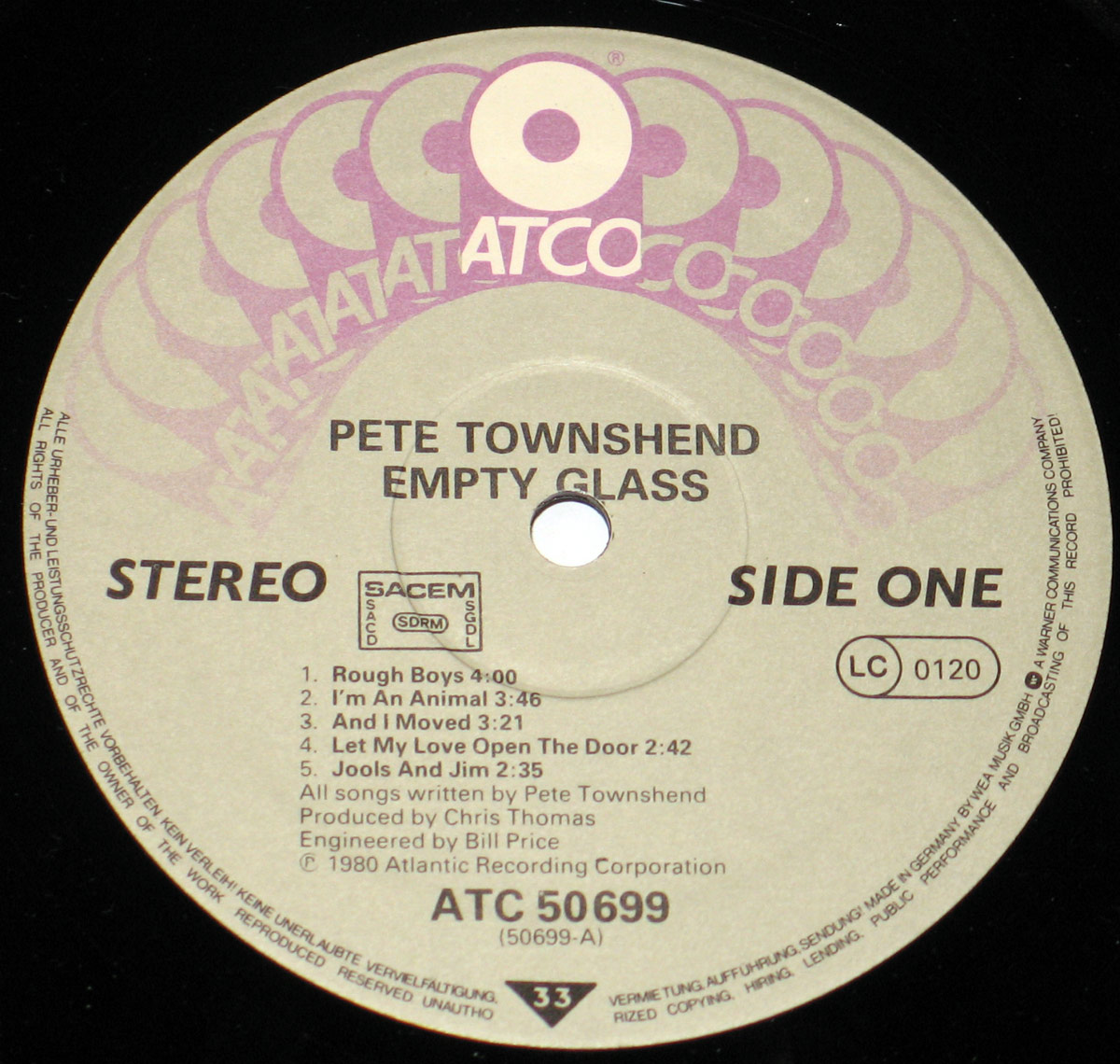 Pete Townshend Empty Glass record label side one, grey ATCO label, SACEM logo, tracklisting for side one, stereo format, catalog number ATC 50699, 1980 Atlantic Recording.