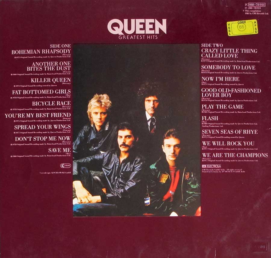 QUEEN - Greatest Hits 12" LP Vinyl Album back cover