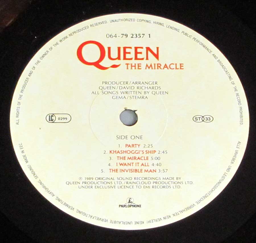 "The Miracle" Record Label Details: Parlophone 064-79 2357 . Made in EEC , LC 0299 