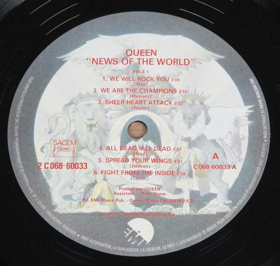 Close up of Side One record's label QUEEN - News Of The World Original France Gatefold Album Cover 12" LP Vinyl Album