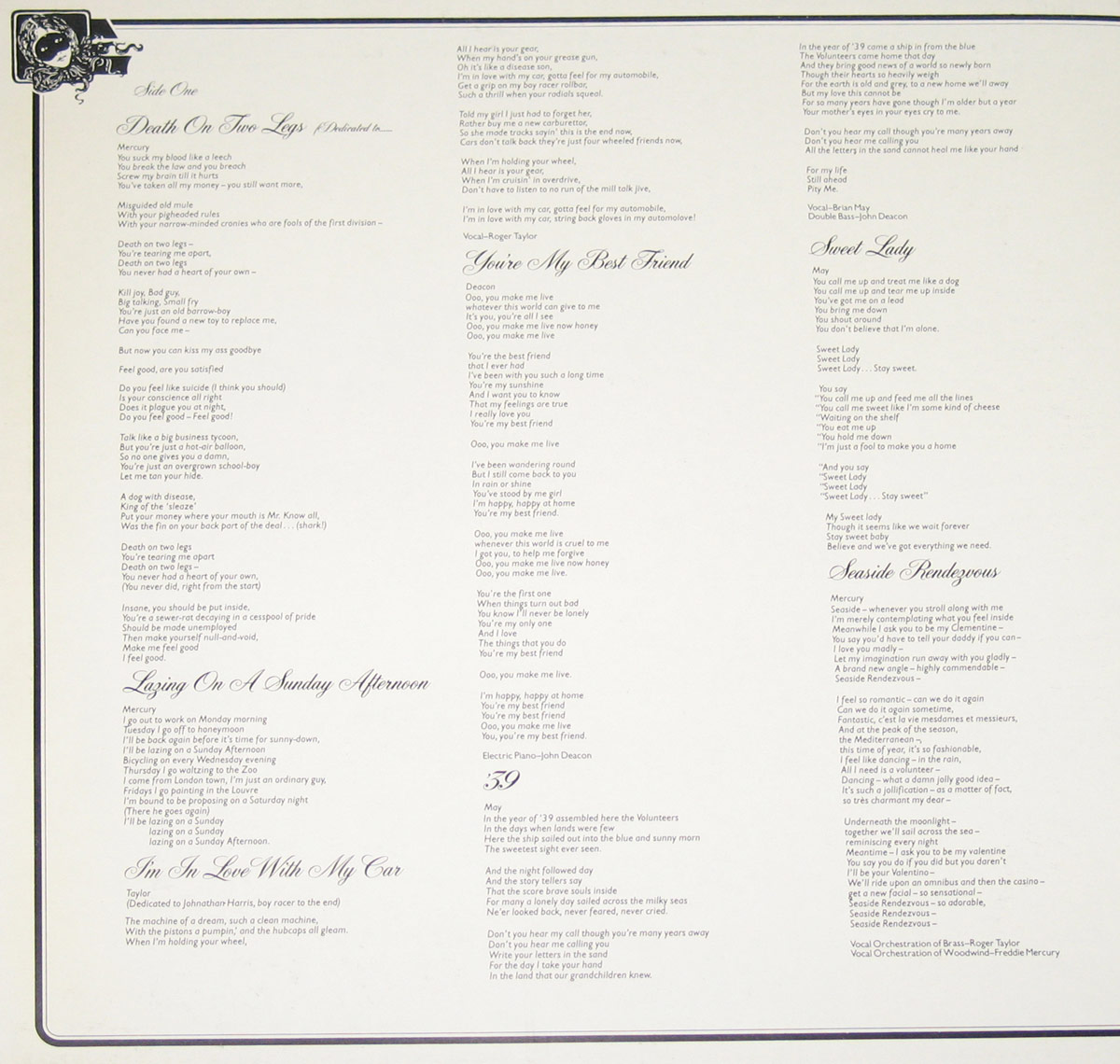 QUEEN - Night At The Opera Gatefold 12" Vinyl LP Album inner gatefold cover