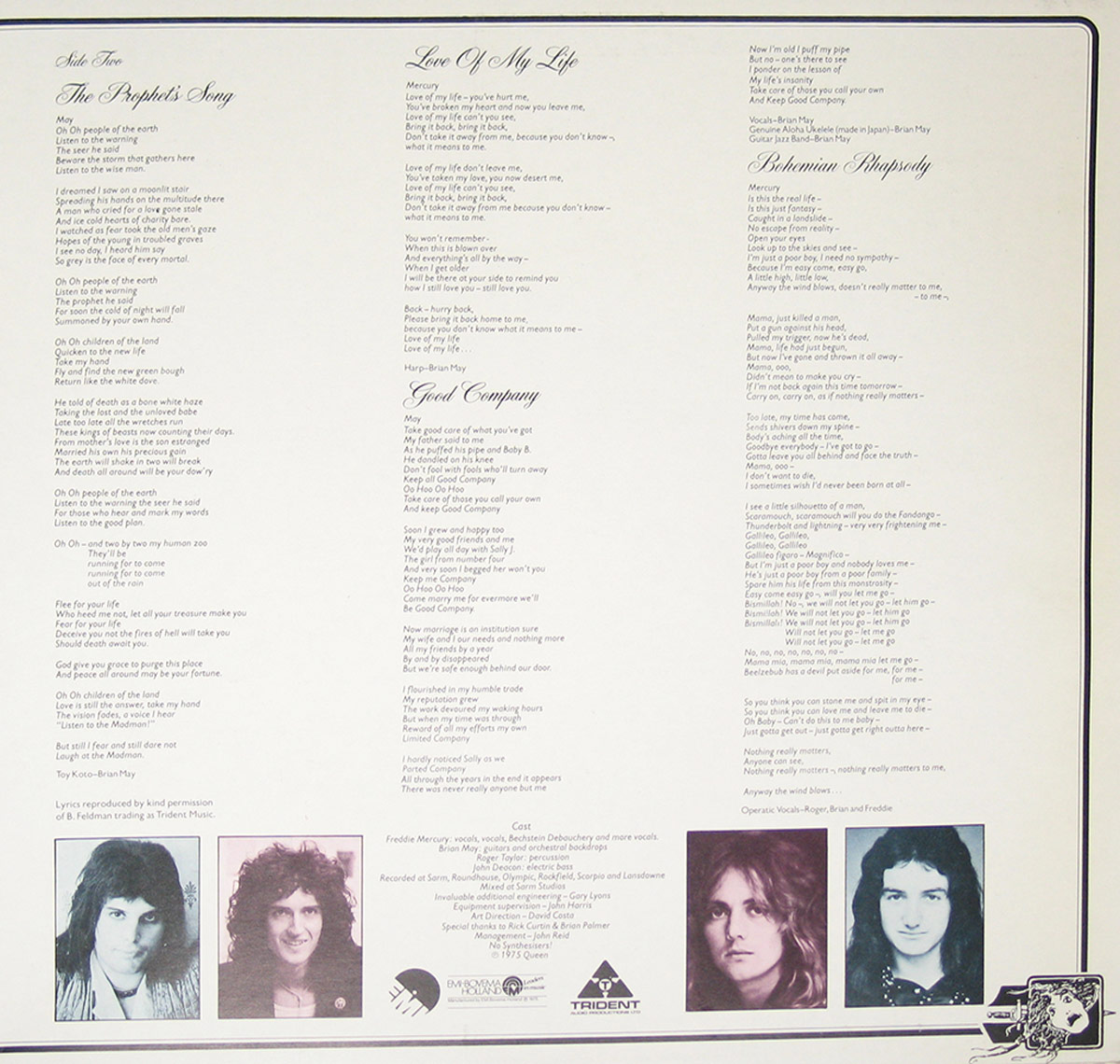QUEEN - Night At The Opera Gatefold 12" Vinyl LP Album inner gatefold cover