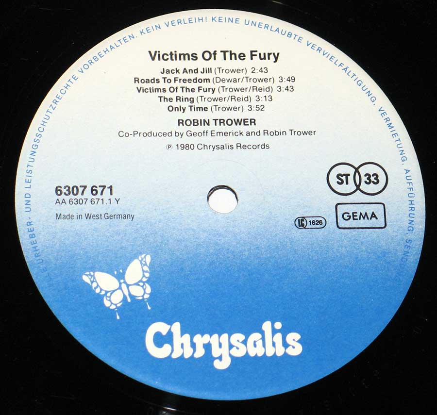 Close up of record's label ROBIN TROWER - Victims of the Fury 12" Vinyl LP Album
 Side One