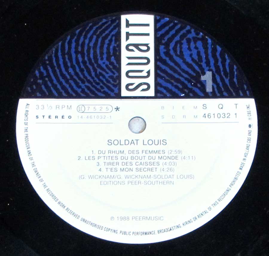 Close up of record's label SOLDAT LOUIS - S/T Self-Titled Side One