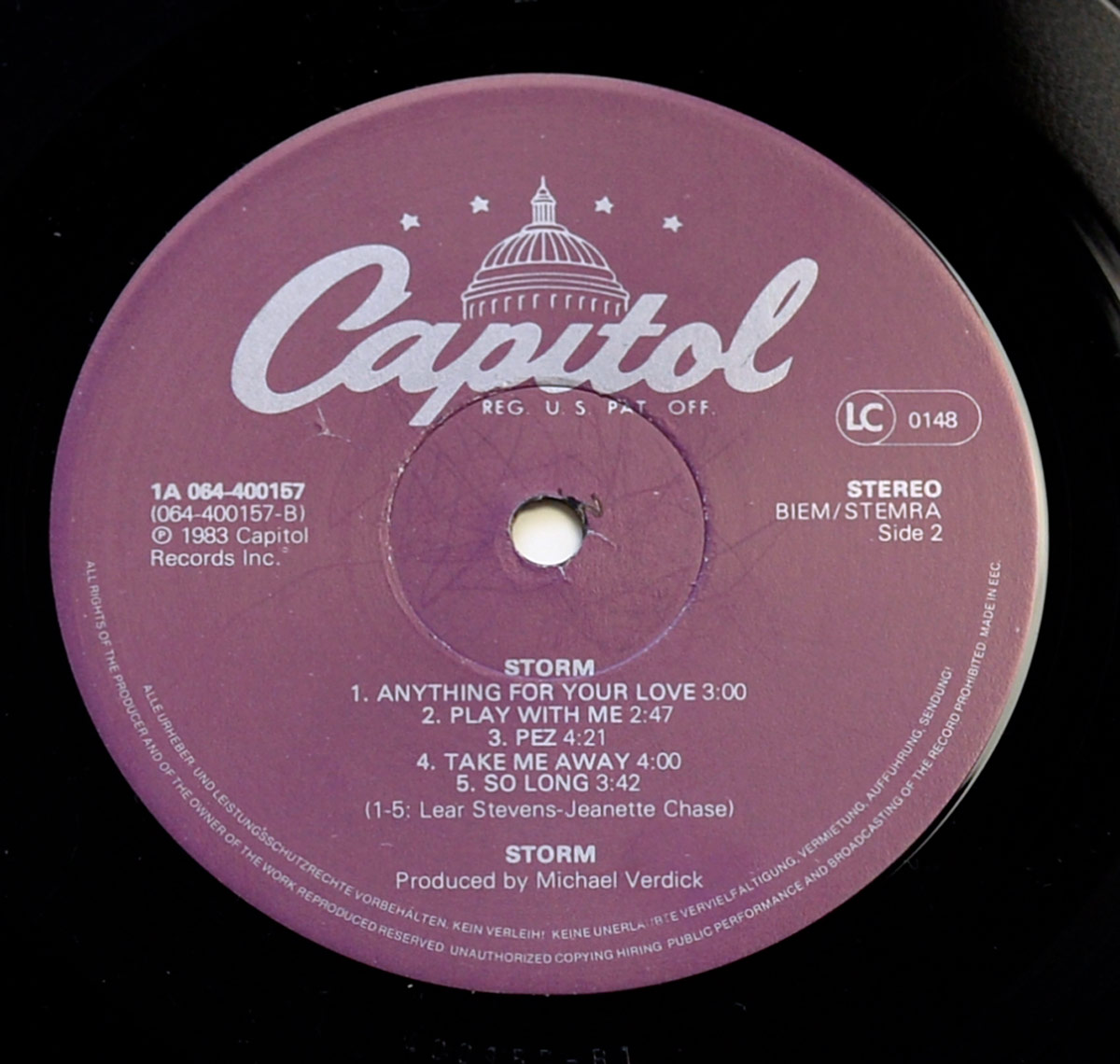 Label of STORM Self-Titled Side 2, 1983 Capitol Records Dutch pressing with catalog number 1A 064-400157, includes 5 tracks and credits production to Michael Verdick.