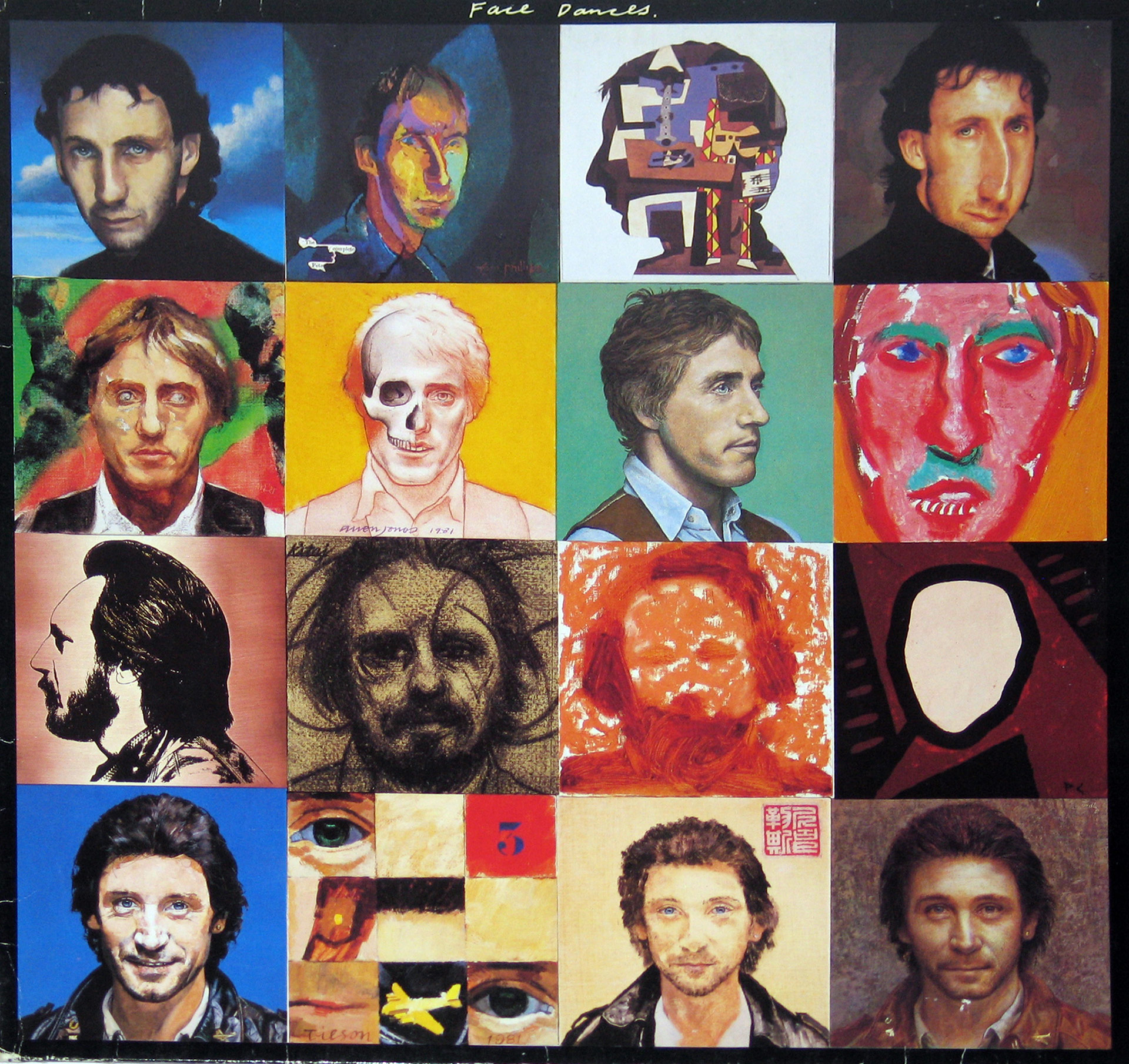 Album cover of The Who’s Face Dances, featuring a grid of 16 portraits of the band members, each painted by a different artist in various styles, ranging from abstract to realistic.