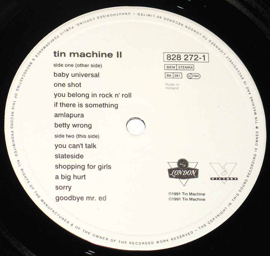 Close up of record's label TIN MACHINE - Tin Machine II with David Bowie 12" Vinyl LP Album  Side One