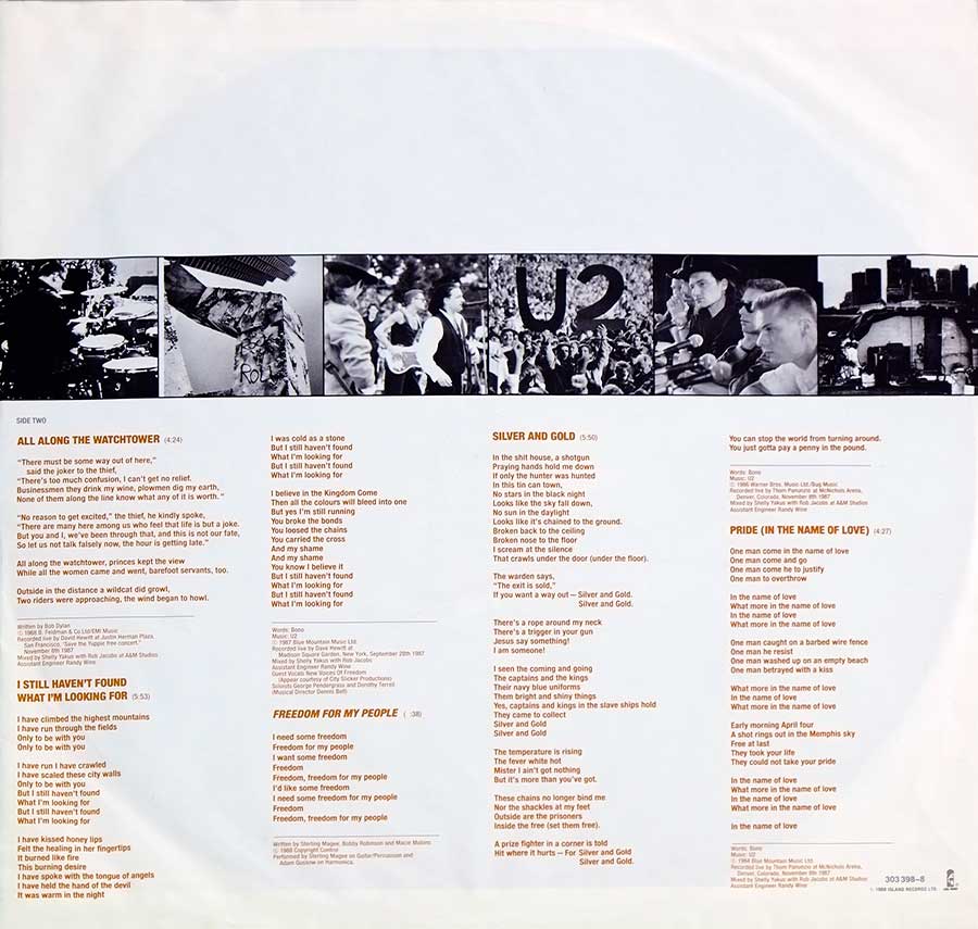 Photo Two of the original custom inner sleeve  U2 - Rattle and Hum 2LP FOC