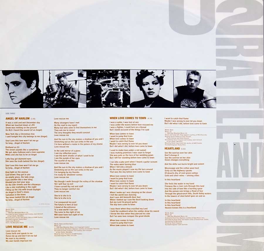 Photo Side Three of the original custom inner sleeve U2 - Rattle and Hum 2LP FOC 