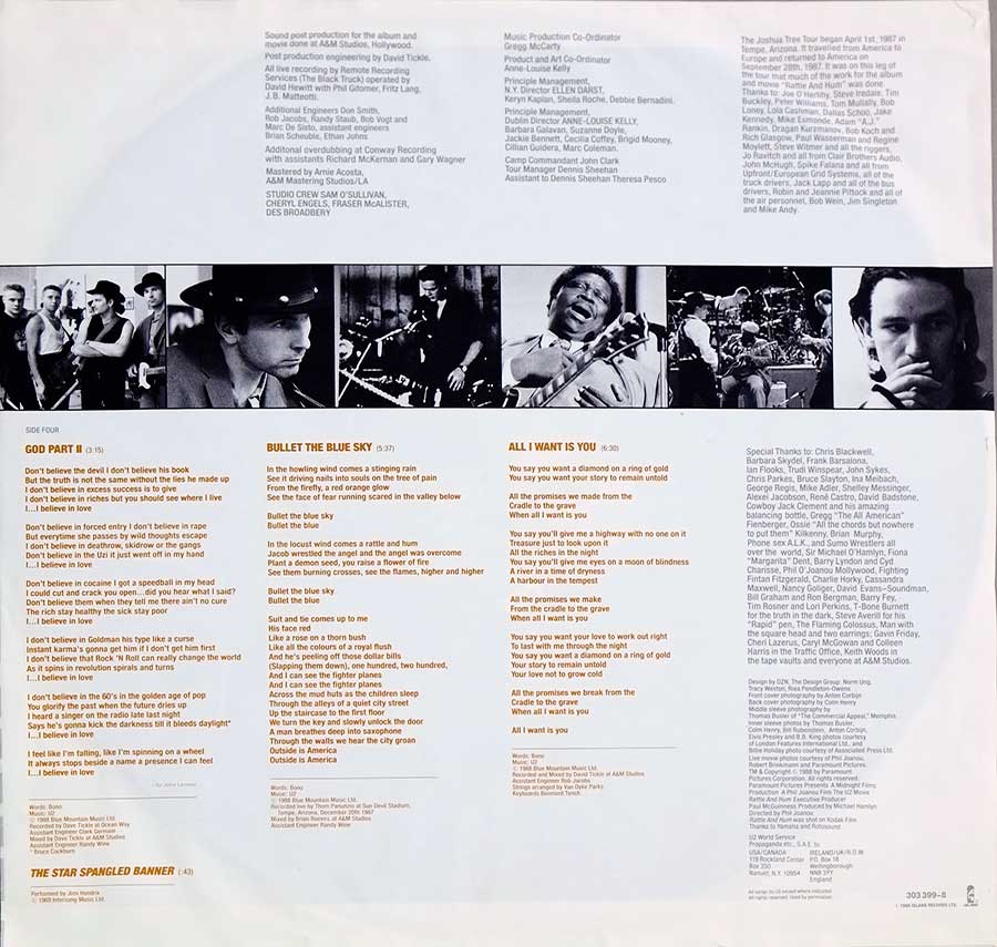 Photo Side Four of the original custom inner sleeve  U2 - Rattle and Hum 2LP FOC