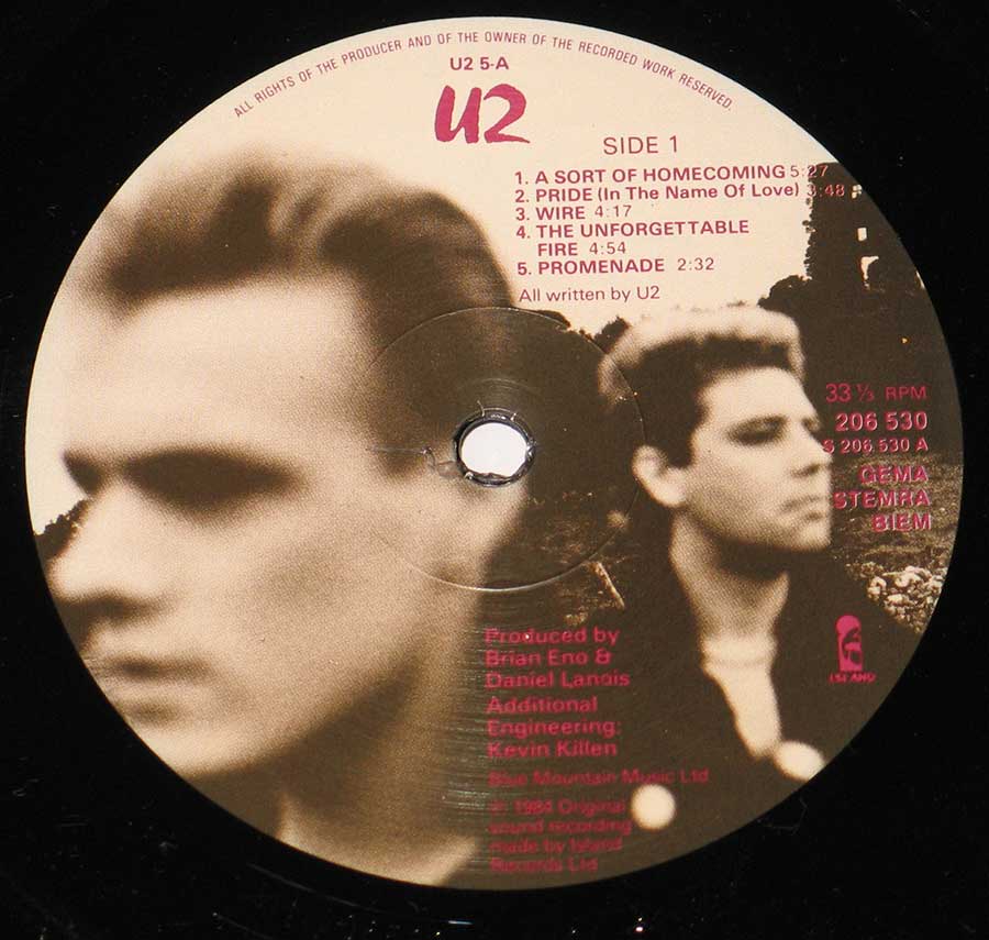 Close up of Side One record's label U2 - The Unforgettable Fire 12" Vinyl LP Album