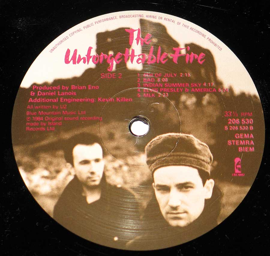 Side Two Close up of record's label U2 - The Unforgettable Fire 12" Vinyl LP Album
