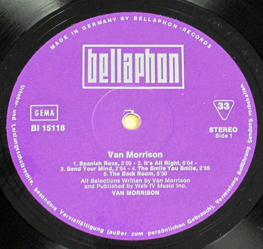 Close up of record's label VAN MORRISON - S/T Self-Titled Side One