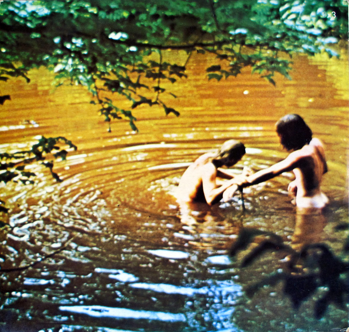 A photograph of two nude individuals bathing in a muddy pond, surrounded by overhanging green foliage, from the back cover of the Woodstock 69 Original Movie Soundtrack France 3LP album.