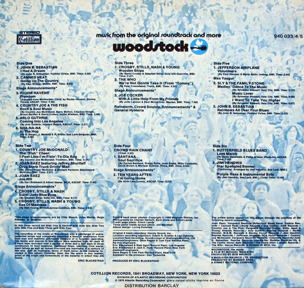 Inner gatefold cover of the Woodstock 69 Original Movie Soundtrack France 3LP album, featuring a blue-tinted crowd image as a background and detailed track listings for all six sides of the vinyl set.