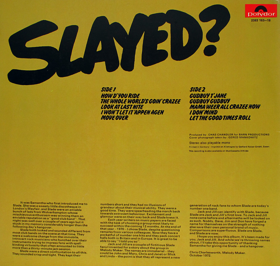 Photo of album back cover SLADE - Slayed? 
